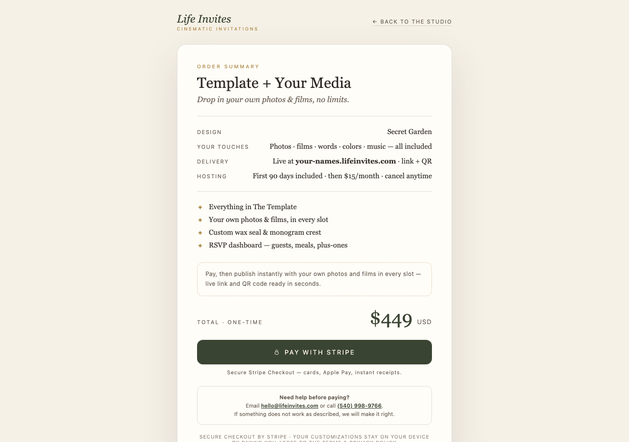 Life Invites order summary showing included features and one-time price